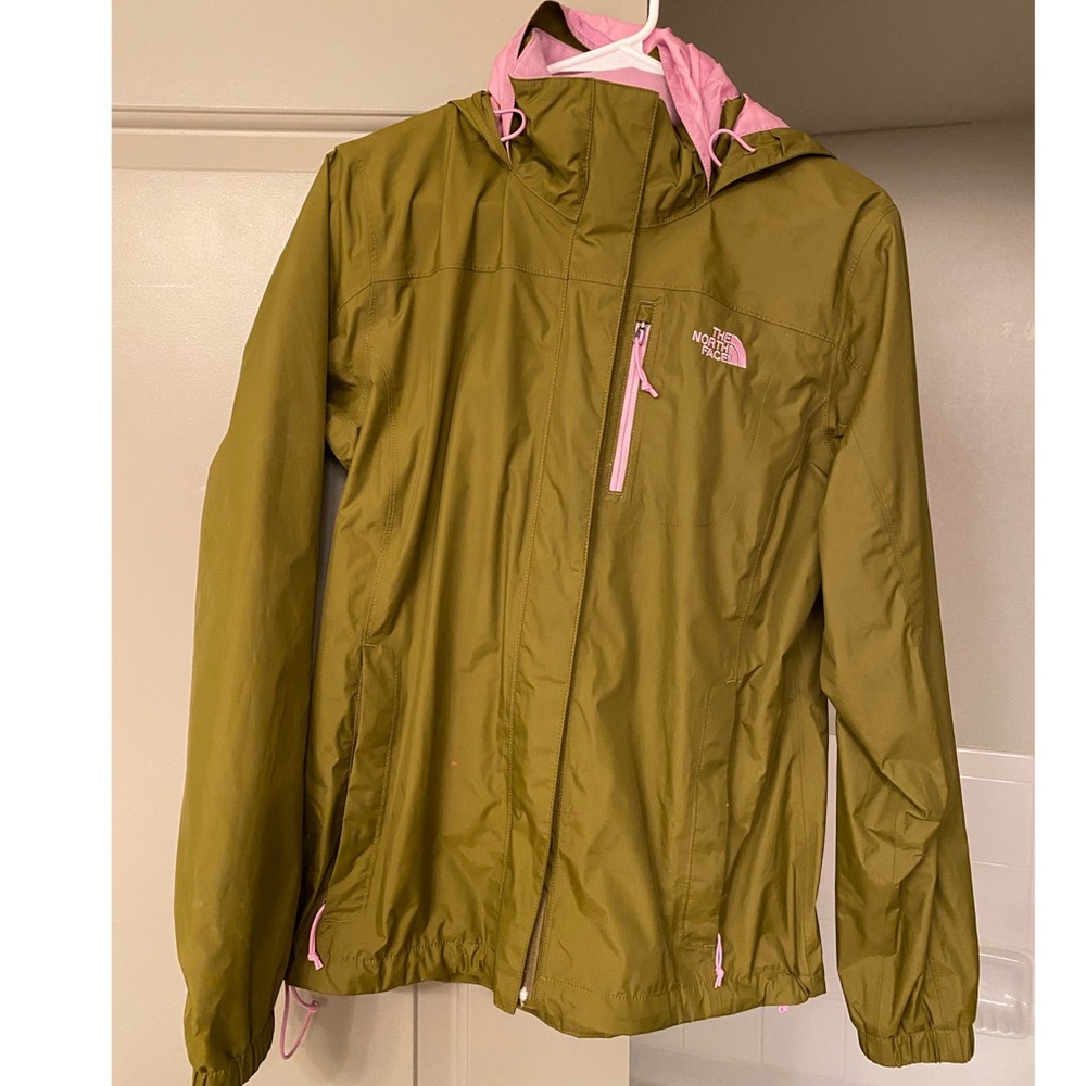 The North Face Hyvent Rain Jacket, Olive Green and Pink